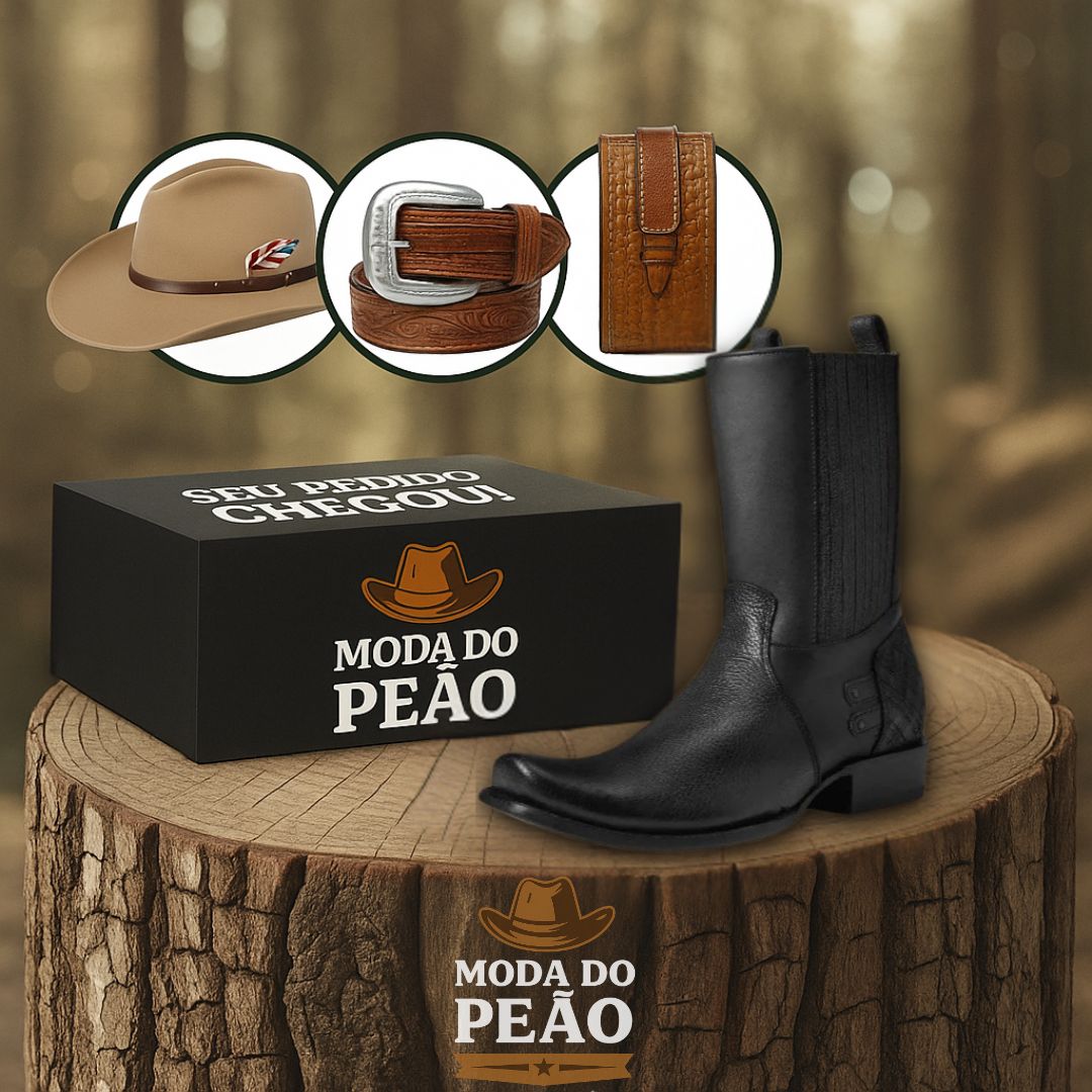 Kit Bota Maverick Masculino de Couro Legítimo + 3 BRINDES: Cinto, Chapéu e Carteira